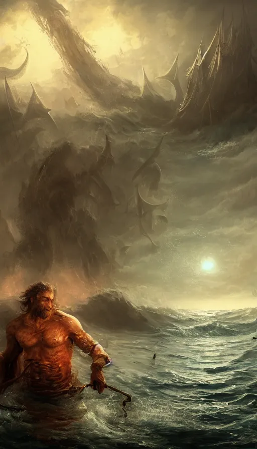 Image similar to man on boat crossing a body of water in hell with creatures in the water, sea of souls, by cgsociety