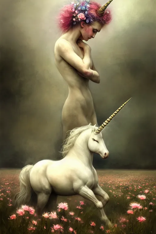 Prompt: a unicorn on the flowery meadow | esoteric symbolism | jean - baptiste monge, esao andrews, bastien lecouffe - deharme, tim jacobus, ken currie | ultra - detailed realism, soft cinematic lighting, hi - fructose, artstation, high - quality, ink watercolors wes anderson poster art