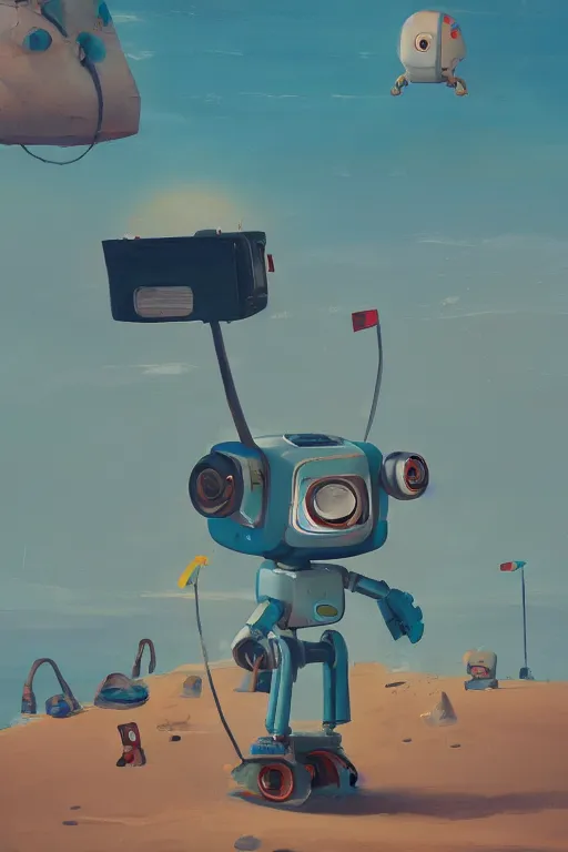 Image similar to Cute little robot lost in the beach art style by Simon Stålenhag, , trending on artstation, artstationHD, artstationHQ, 4k, 8k