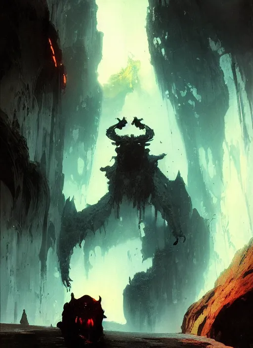 Image similar to looking up at a balrog in a vast cavern, intricate, elegant, highly detailed, john park, frazetta, sparth, ruan jia, jeffrey catherine jones