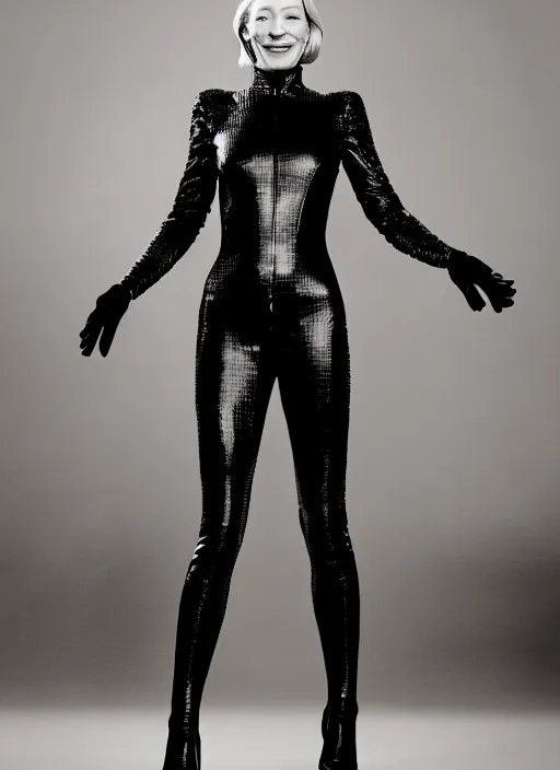 Image similar to beautiful stunning glorious high definition photograph of happy cate blanchett wearing a catsuit intricate, elegant, highly detailed, smooth, sharp focus,