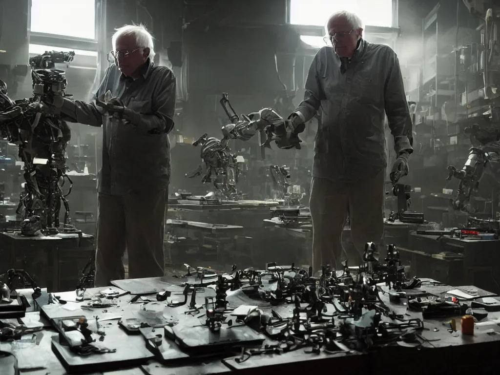 Image similar to bernie sanders building a scifi doomsday robot, cinematic moody lighting, sharp focus, dirty laboratory, imax, neill blomkamp mvie still