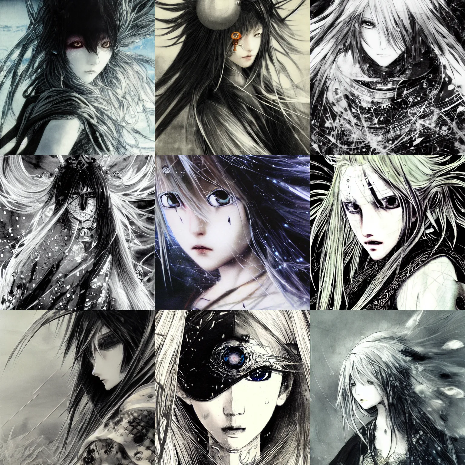 Image similar to Yoshitaka Amano blurred and dreamy illustration of an anime girl with pirate eye patch, wavy white hair and cracks on her face wearing Elden ring armour with the cape fluttering in the wind, abstract black and white patterns on the background, noisy film grain effect, highly detailed, Renaissance oil painting, weird portrait angle