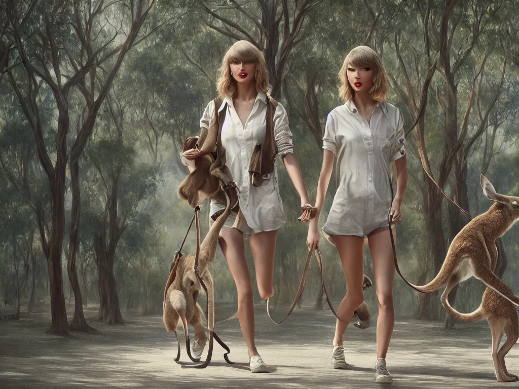 Image similar to taylor swift walking a kangaroo in the style of michael cheval, 4 k, hyper detailed, trending on artstation, photorealistic, volumetric lighting, octane render,