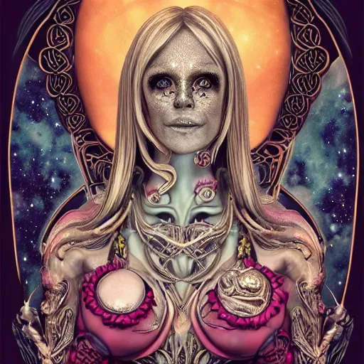 Image similar to blonde girl in a cosmic dress, full-body tattoos, ornate, rococo, grotesque, zbrush art, majestic, organics, silver filigree, colorful, dark fantasy, celtic knot, anatomical, h r giger style, moebius, frank frazetta, ornate, art nouveau, symmetrical, turquoise jewelry, red smoke, roses, unbiased render, rotten, Emil melmoth, eerie, macabre, haunting + insanely detailed and intricate, floral, faded pink, hypermaximalist, elegant, vintage, hyper realistic, super detailed, pastel colors,