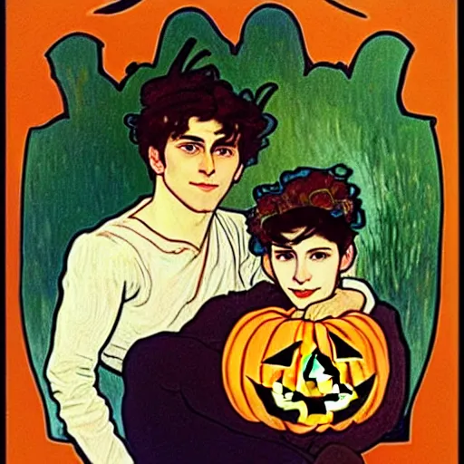 Image similar to painting of handsome young delicate beautiful jeffrey in his 2 0 s with brown hair and gorgeous rina together at the jack o'lantern halloween party holding pumpkins, elegant, clear, painting, stylized, art, art by alphonse mucha, vincent van gogh, egon schiele,