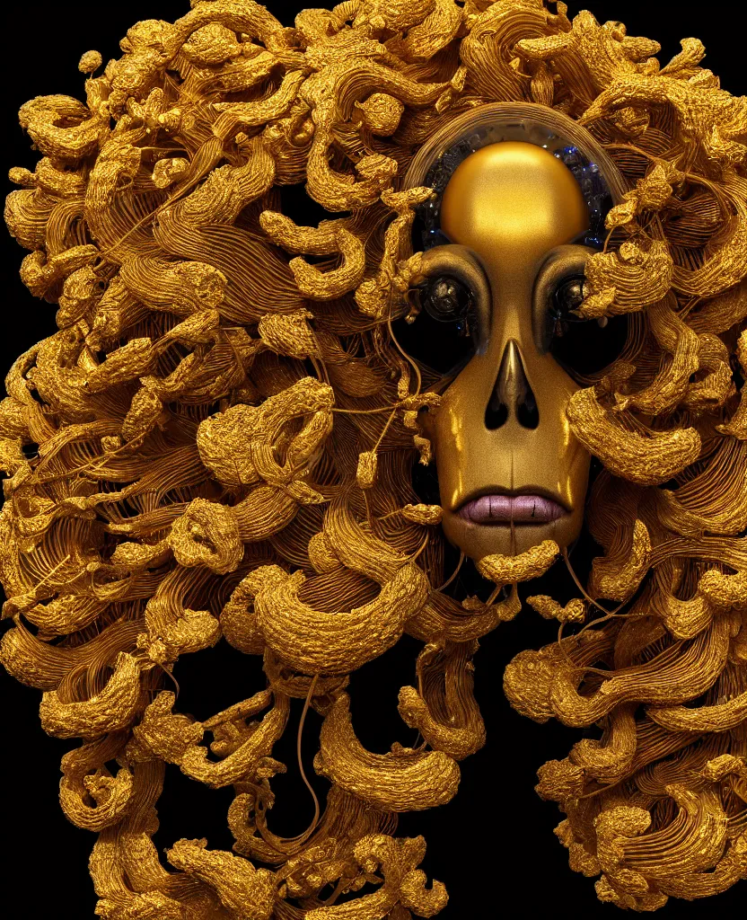 Image similar to fully black background. background hex 000000. goddess princess face close-up portrait ram skull. sculpture made of gold and decorated with brilliants. jellyfish phoenix head, nautilus, orchid, skull, betta fish, bioluminiscent creatures, intricate artwork by Tooth Wu and wlop and beeple. octane render, trending on artstation, greg rutkowski very coherent symmetrical artwork. cinematic, hyper realism, high detail, octane render, 8k