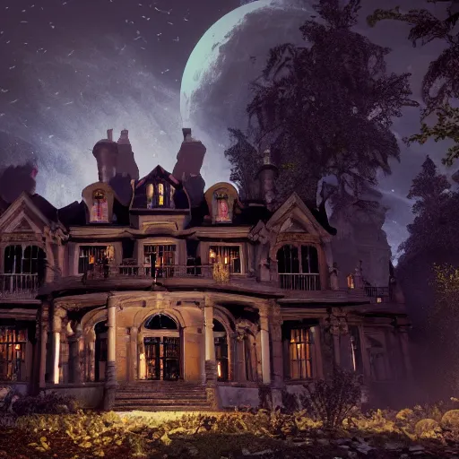 Image similar to large haunted mansion in the mountain side, cinematic, octane render, art station, dramatic lighting, beautiful moonlight night, concept art, rococo, photorealistic, intense detail, 8 k