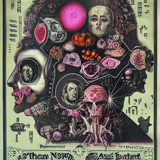 Image similar to post - punk new age album cover, asymmetrical design, dollar bank notes, capitalism, magic, apocalypse, psychedelic, black white pink, magic, giger h. r., giuseppe arcimboldo