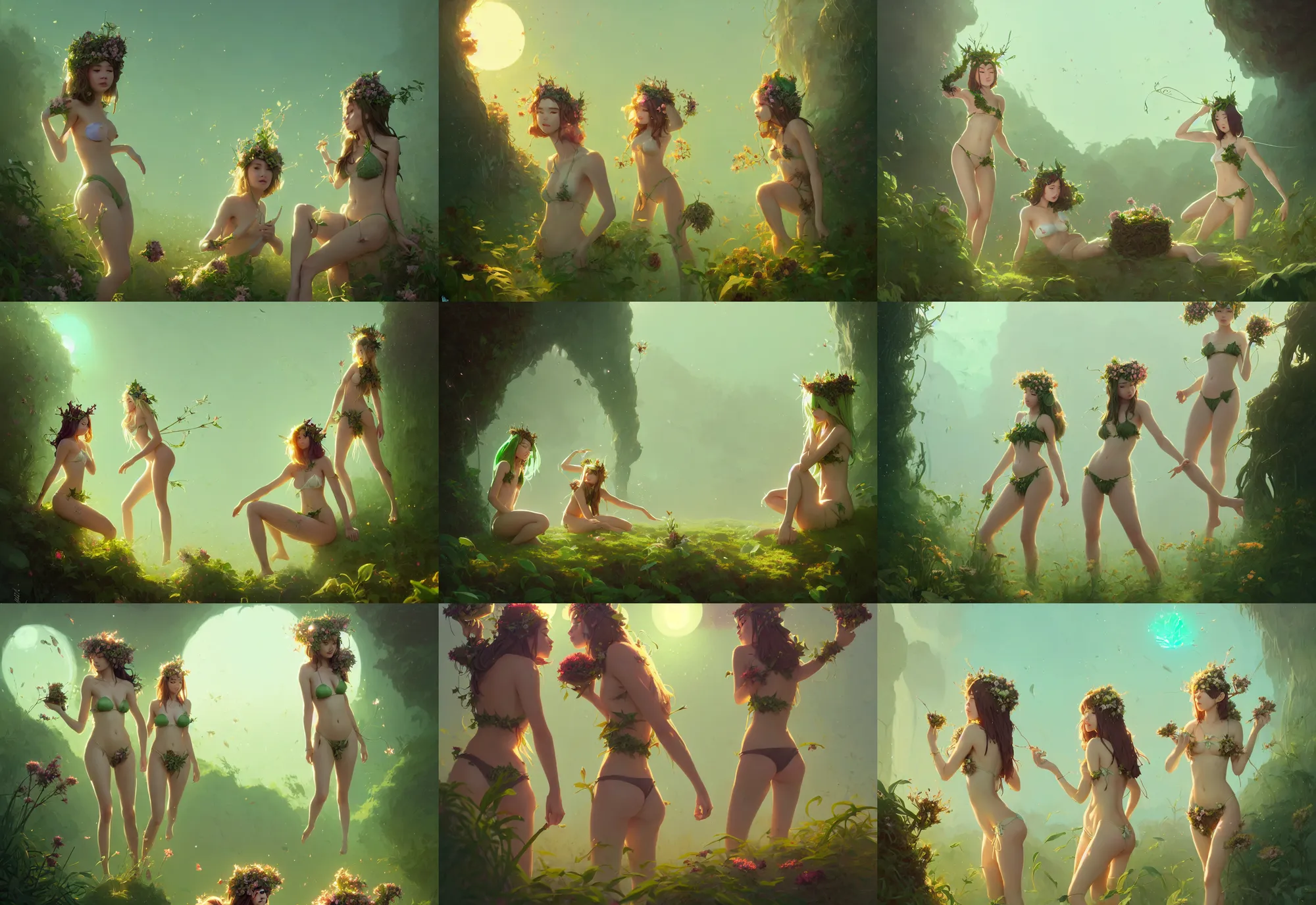 Prompt: two beautiful fairy women with crown of flowers in plants string bikini, fantasy, sun yunjoo, by atey ghailan, by greg rutkowski, by greg tocchini, by james gilleard, by joe gb fenton, dynamic lighting, gradient light green, brown, blonde cream and white color in scheme, grunge aesthetic