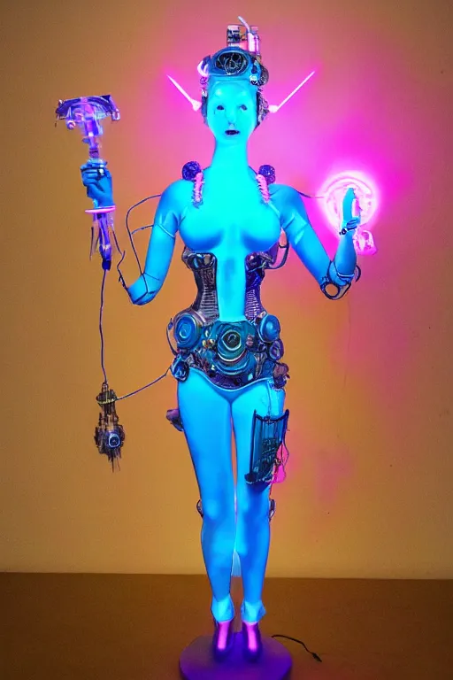 Image similar to full-body porcelain baroque space futuristic style sculpture of a young beautiful goddess as a half-robot wearing cholo shades, blue glowing lips, mechanical fingers, oozing neon radioactive liquid, electric sparks, glowing hot magenta laser beam eyes, blue diamonds, golden steampunk necklace with a glowing white crystal orb, flowing pink satin, industrial fabrics, mechanical plants. baroque and steampunk elements. full-length view. baroque element. intricate artwork by caravaggio. Trending on artstation, octane render, cinematic lighting from the right, hyper realism, octane render, 8k, depth of field, 3D