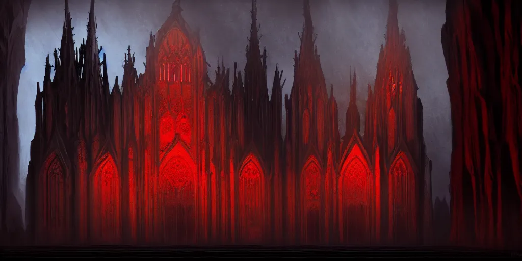 Image similar to dark gothic cathedral, gothic architecture, at the top of a red rock canyon, artstation concept art, beautiful matte painting, ultrawide angle, red and orange and black color palette, chiaroscuro lighting