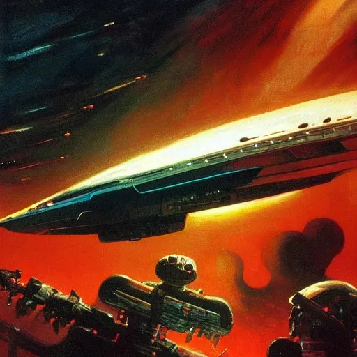 Image similar to a dark and colorful close - up of a sci - fi spaceship with led lights glowing fog in the background. highly detailed science fiction painting by norman rockwell, frank frazetta, and syd mead. rich colors, high contrast, gloomy atmosphere, dark background. trending on artstation