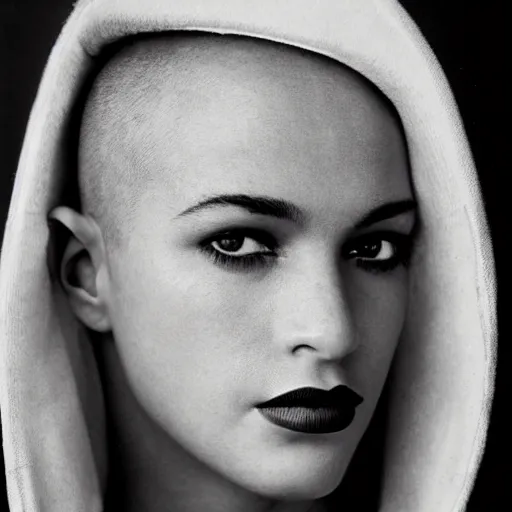Prompt: black and white vogue closeup portrait by herb ritts of a beautiful female model, shaved head, high contrast