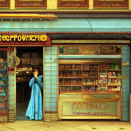 Prompt: A fantasycore of a convenience store with photograph of 2022 portugal lisbon on the street of a very highly detailed logital eldritch city matte painting art by alphonse mucha, a 12x(very) much logical detailed Dimensional cyan gold natural light, highly logical and striking detailed architecture by alphonse mucha