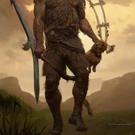 Prompt: portrait of a gruff ranger carrying the holy lance of longinus, Cain, muscular, hairy body, with a dog, intricate, elegant, highly detailed, digital painting, artstation, concept art, matte, sharp focus, illustration, art by Artgerm and Greg Rutkowski and Alphonse Mucha