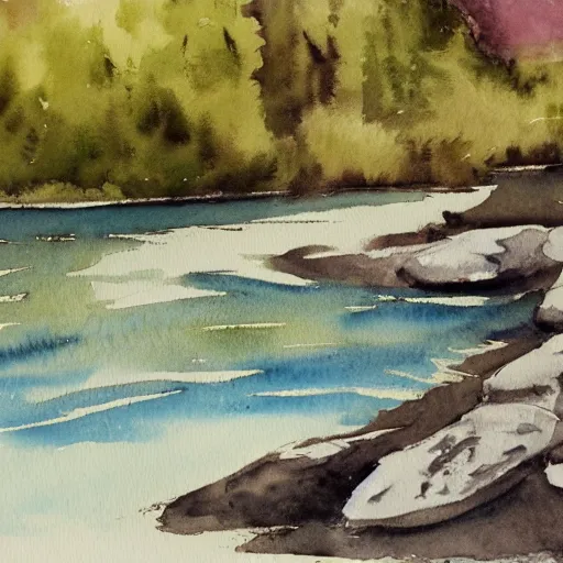 Image similar to A piece of peace by a river creek, watercolor, detailed