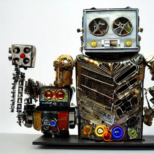 Prompt: salvaged robot made out of pinball machine parts and 1970s electronics, art nouveau