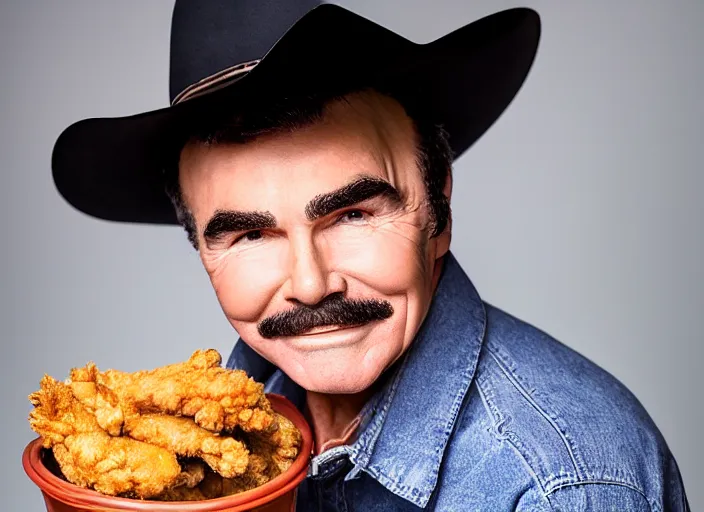 Image similar to studio portrait photo still of 2 0 year old burt reynolds!!!!!!!! at age 2 0 2 0 years old 2 0 years of age!!!!!!! wearing a cowboy hat holding a bucket of fried chicken, 8 k, 8 5 mm f 1. 8, studio lighting, rim light, right side key light