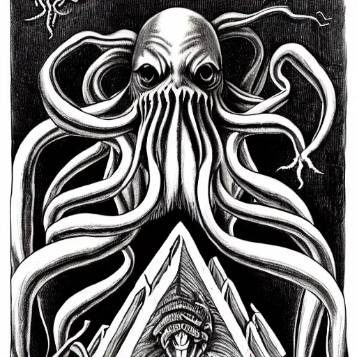 Image similar to Cthulhu Christmas by Charles Addams and H.R. Giger, black and white illustration shadows symmetrical