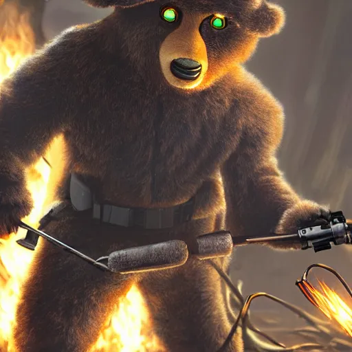 Prompt: advanced Smokey the Bear robot with blade-arms slaughtering humans in 2020, close up combat photography by Feng Zhu, highly detailed, excellent composition, cinematic concept art, dramatic lighting, trending on ArtStation