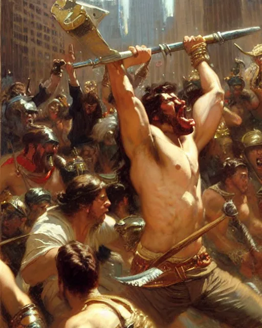 Image similar to a fierce barbarian yelling at stock brokers on wall street, painting by gaston bussiere, craig mullins, j. c. leyendecker