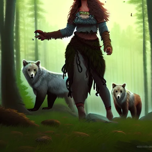 Image similar to a pretty female druid surrounded by wolves, bears, and birds, digital painting, photorealistic, in the style of greg rutkowski, full body, detailed face