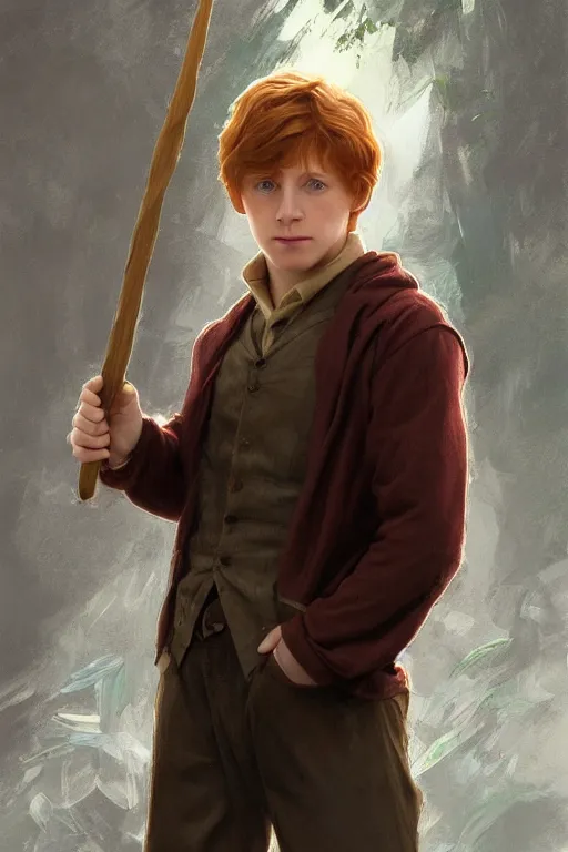 Image similar to beautiful cottagecore young ron weasley holding a magicwand. intricate, elegant. highly detailed, digital painting, artstation, concept art, smooth, sharp, focus, illustration. . art by artgerm and greg rutkowski and alphonse mucha