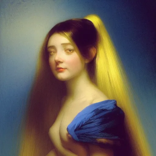 Prompt: a young woman's face, her hair is gold and she wears an cobalt blue satin cloak, by ivan aivazovsky and syd mead and moebius and gaston bussiere and roger dean and pieter claesz and paul delaroche and alma tadema and aelbert cuyp and jan eyck, hyperrealistic, volumetric light, octane render