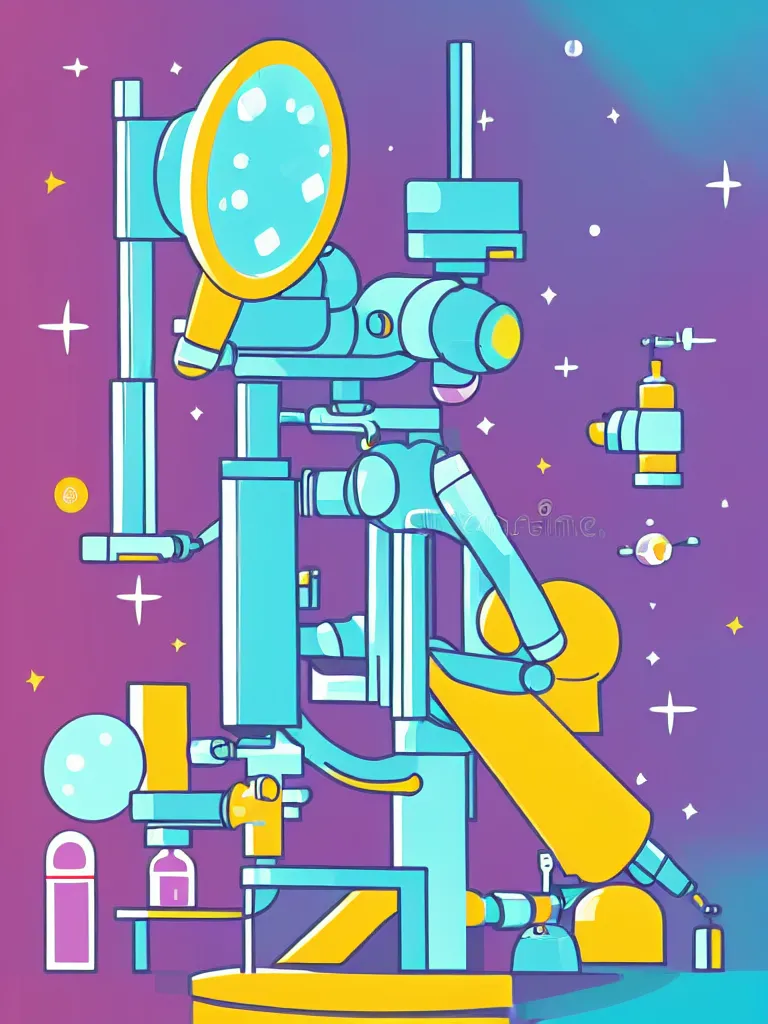 Image similar to editorial illustration scientific lab test tube telescope microscope spaceship, colorful modern, mads berg