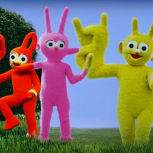 Prompt: photograph of slenderman standing behind some teletubbies, waving its arm, cinematic shot, backlighted