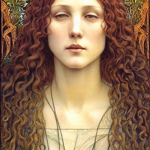 Prompt: detailed realistic beautiful young medieval queen face portrait by jean delville, tony diterlizzi and marco mazzoni, art nouveau, symbolist, visionary, gothic, pre - raphaelite