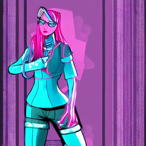 Image similar to female anthro character in teal and pink cyberpunk style, hd,