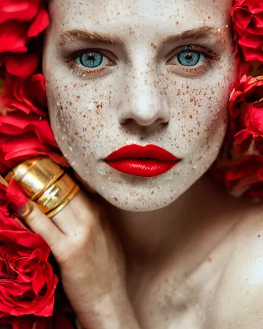 Prompt: Close-up portrait of a woman, close-up, high sharpness, zeiss lens, fashion photo shoot, flowers, white hair, freckles, Red lipstick, against gold, Annie Leibovitz and Steve McCurry, David Lazar, Jimmy Nelsson, artistic, hyper-realistic, beautiful face, octane rendering