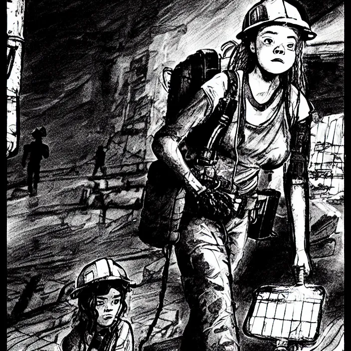 Image similar to tired sadie sink as a miner emerges out of the dark coal mine. storyboard, scifi cyberpunk. by gabriel hardman, joe alves, chris bonura. cinematic atmosphere, detailed and intricate, perfect anatomy