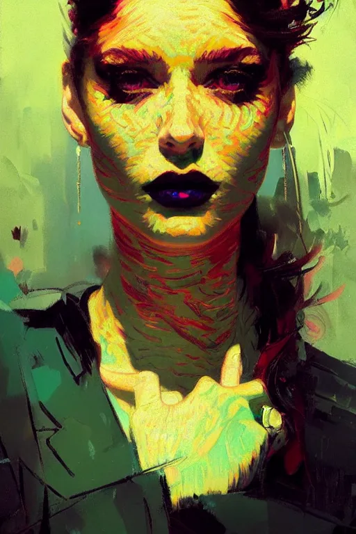 Image similar to portrait of a beautiful goth girl, complementary colors, beautiful face, rule of thirds, intricate outfit, spotlight, by greg rutkowski, by jeremy mann, by francoise nielly, by van gogh, digital painting