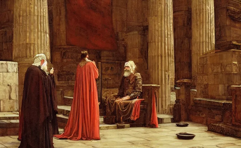 Image similar to an extremely detailed, realistic painting of penelope : : a beautiful queen on a platform in a throne room : : ancient greece : : thick smoke : : a throne room filled with servants : : old beggar in the foreground : : in the style of john william waterhouse, frederick s. church, john collier, mysterious mood, cinematic