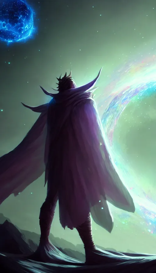 Image similar to celestial god with a cape, epic scene, holy, full body, galaxy, and, stars, atmosphere, unreal engine, pixar, video game, ethereal, insanely, detailed, volumetric, symmetrical, concept art, charlie bowater, tsutomu nihei, unreal engine, artstation, cinematic, video game, digital painting, artist maena