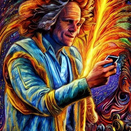 Image similar to doc emmett brown by josephine wall, scientist riding ram, flying ram, golden ram, scientist checking his phone, erupting volcano in distance, flowers in foreground, sun setting on right side of image, stars in sky on left side of image, trending on artstation, fantasy, intricately detailed