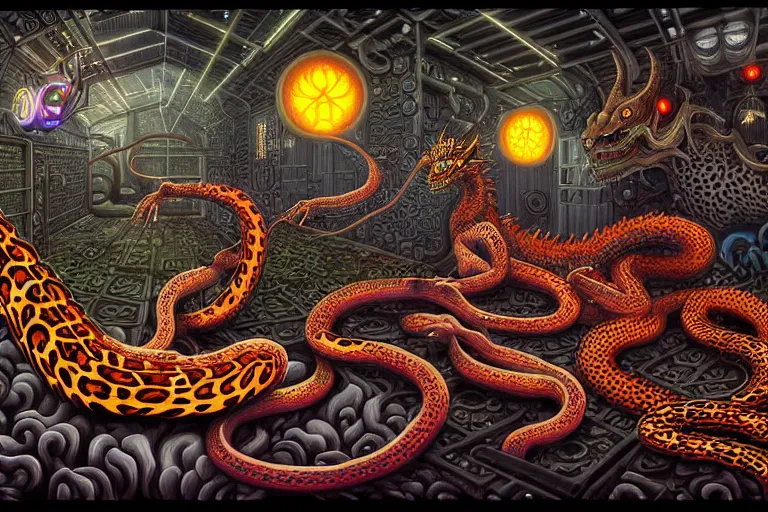 Image similar to a detailed digital art painting of a cyberpunk magick oni dragon with occult futuristic effigy of a beautiful field of mushrooms that is a adorable leopard atomic latent snakes in between ferret biomorphic molecular hallucinations in the style of escher, alex grey, stephen gammell inspired by realism, symbolism, magical realism and dark fantasy, crisp,