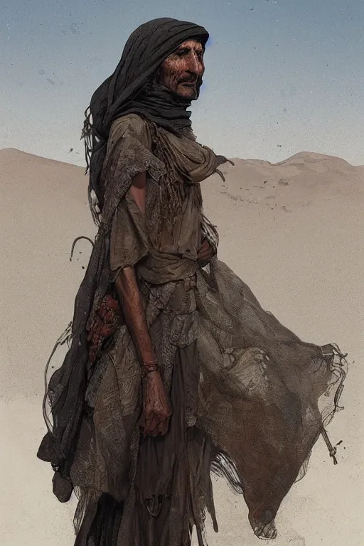 Image similar to a full body portrait of a beautiful post apocalyptic offworld desert bedouin blind beggar by the road, intricate, elegant, highly detailed, digital painting, artstation, concept art, smooth, sharp focus, illustration, art by krenz cushart and artem demura and alphonse mucha