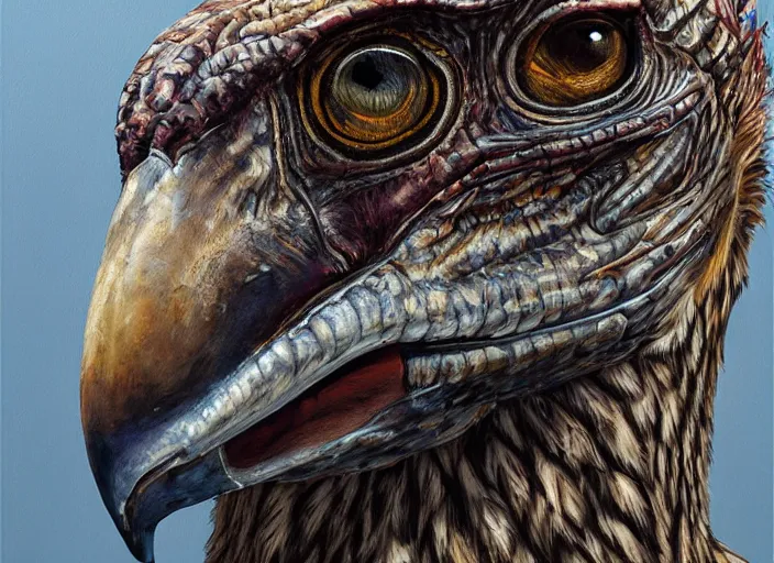 Prompt: a hyper-detailed oil portrait of a large raptor bird; an extraordinary masterpiece!!!; flawless; proud posture; photorealistic eyes; trending on artstation; f/1.4; 90mm