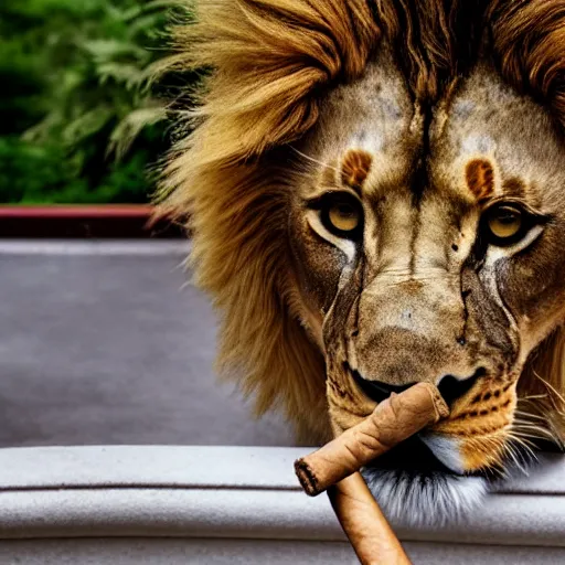 Image similar to a very detailed photo of a lion ( smoking a cigar ) outside the mansion by the pool