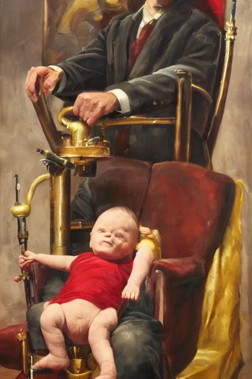 Prompt: hyper realistic oil painting of a handsome man sitting in a gilded chair with tubes coming out of his arm, getting a blood transfusion from a baby in the background. dark. masterpiece