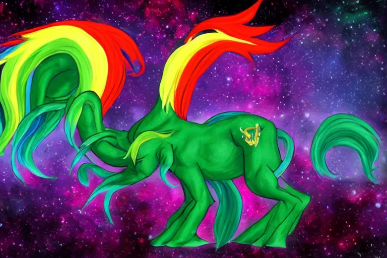 Prompt: Cthulhu-style rainbow pony in the universe