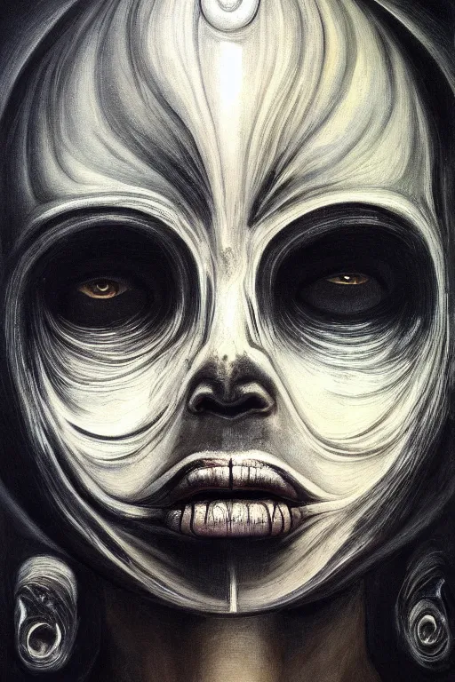 Image similar to a painting of a person's face with a black background, an ultrafine detailed painting by h. r. giger, trending on deviantart, metaphysical painting, lovecraftian, cosmic horror, detailed painting