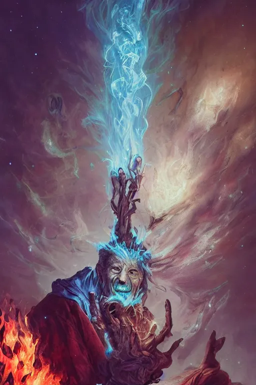 Image similar to the look of an elderly person necromancer witch - doctor covered with ice exploding into fire, full of wrinkles and imperfections, electricity highly detailed, high contrast, light reflection, trippy, nebula, trending on artstation by artgem, by peter mohrbacher, by wlop, by ruan jia