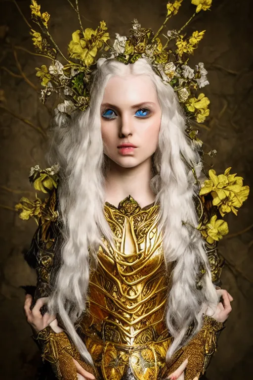 Prompt: very beautiful elven top model, golden hair, wearing gucci gothic victorian armor with leaves and flowers, luxury materials, symmetrical, cinematic, elegant, professional studio light, real dlsr photography, sharp focus, 4 k, ultra hd, sense of awe, high fashion