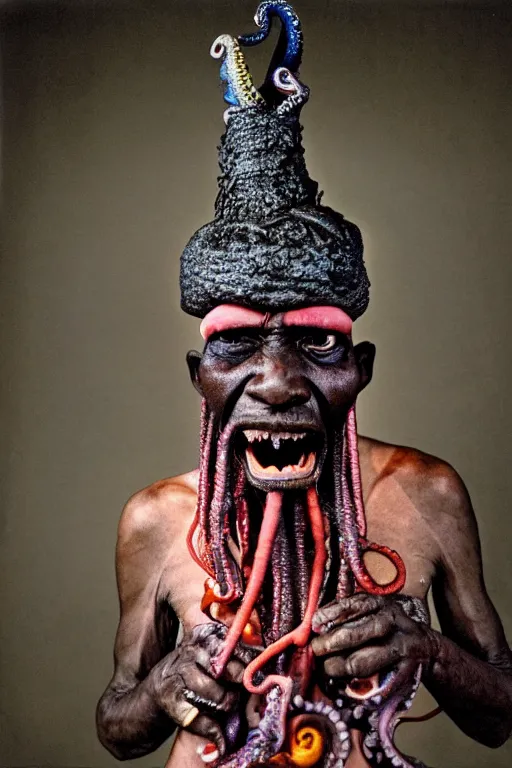 Prompt: A wideangle colorchrome shot of a old screaming voodoo priest with a octopus on his head and the tentacles around his body, low light, style by Steve McCurry, scary, evil looking, wide angle shot