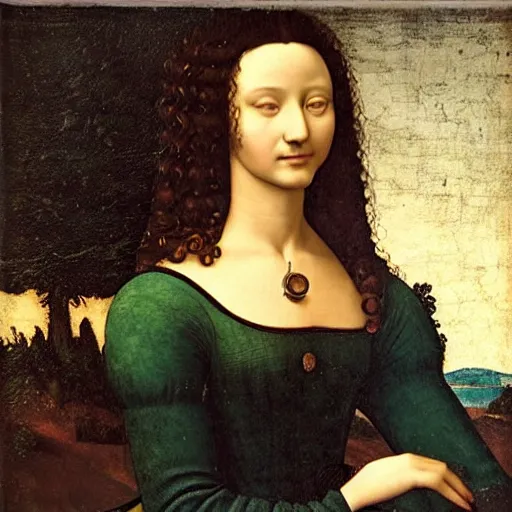 Image similar to young woman from the year 1 5 0 0, seated in front of a landscape background, her black hair is curly, she wears a dark green dress pleated in the front with yellow sleeves, puts her right hand on her left hand, and smiles slightly, oil painting in style of leonardo da vinci